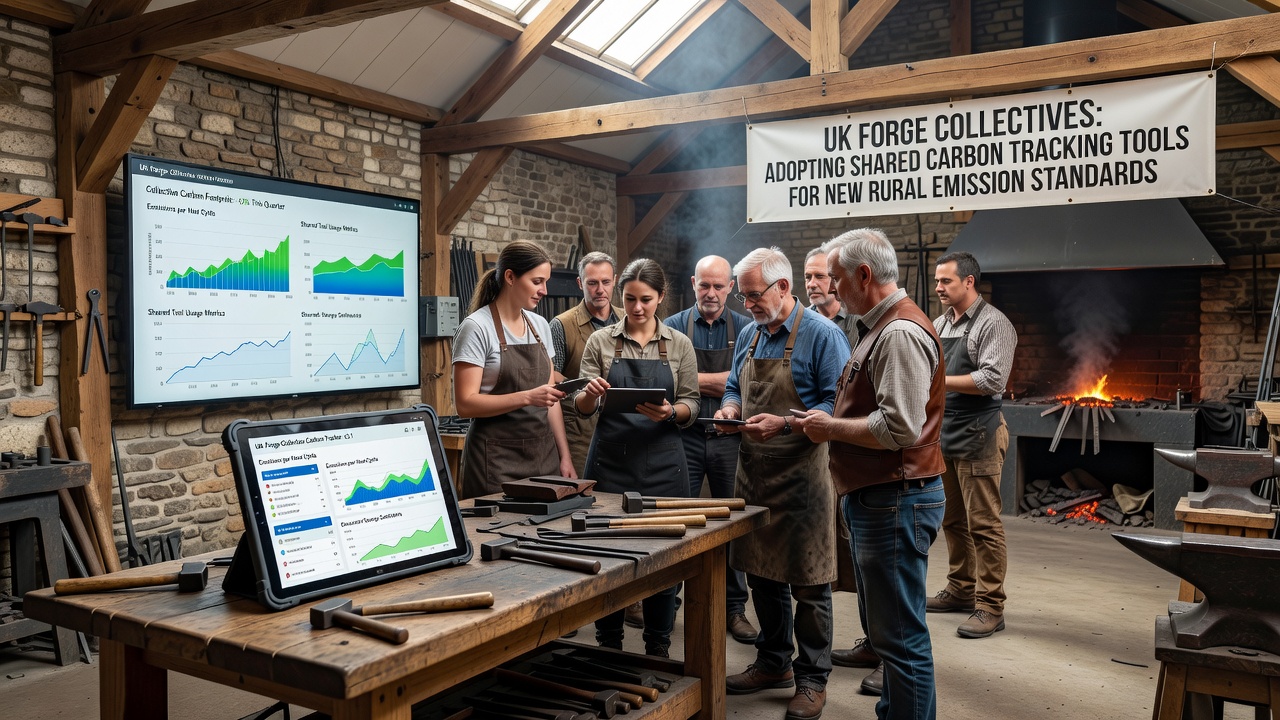 Rural UK forge collective members analyzing emission reports from a shared carbon tracking dashboard during a group meeting